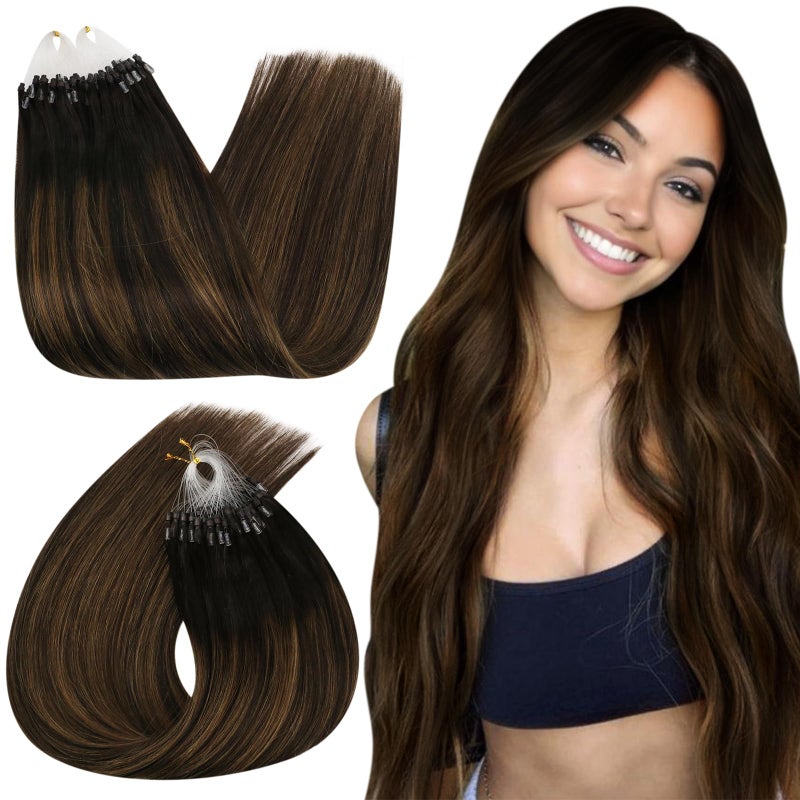 Ugeat Micro Bead Hair Extensions Medium Brown Mix Balayage Dark Brown Microlink Hair Extensions Micro Loop Invisible NaturalLooking No Damage for Women 18 Inch 50S 50G